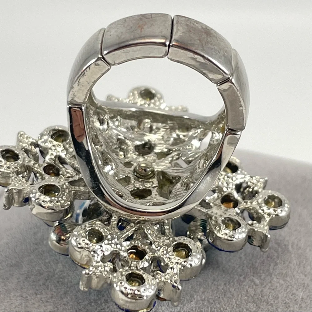 Stunning Silver Tone Big Statement Blue AB Glass Rhinestone Adjustable Ring